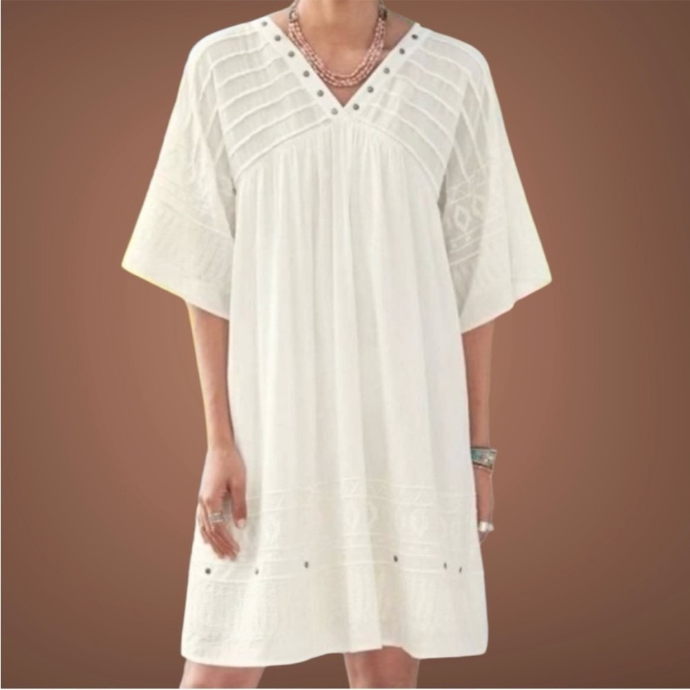 EUC Sundance Embroidered studded V Neck
Popover Dress Ivory Generous Size XS